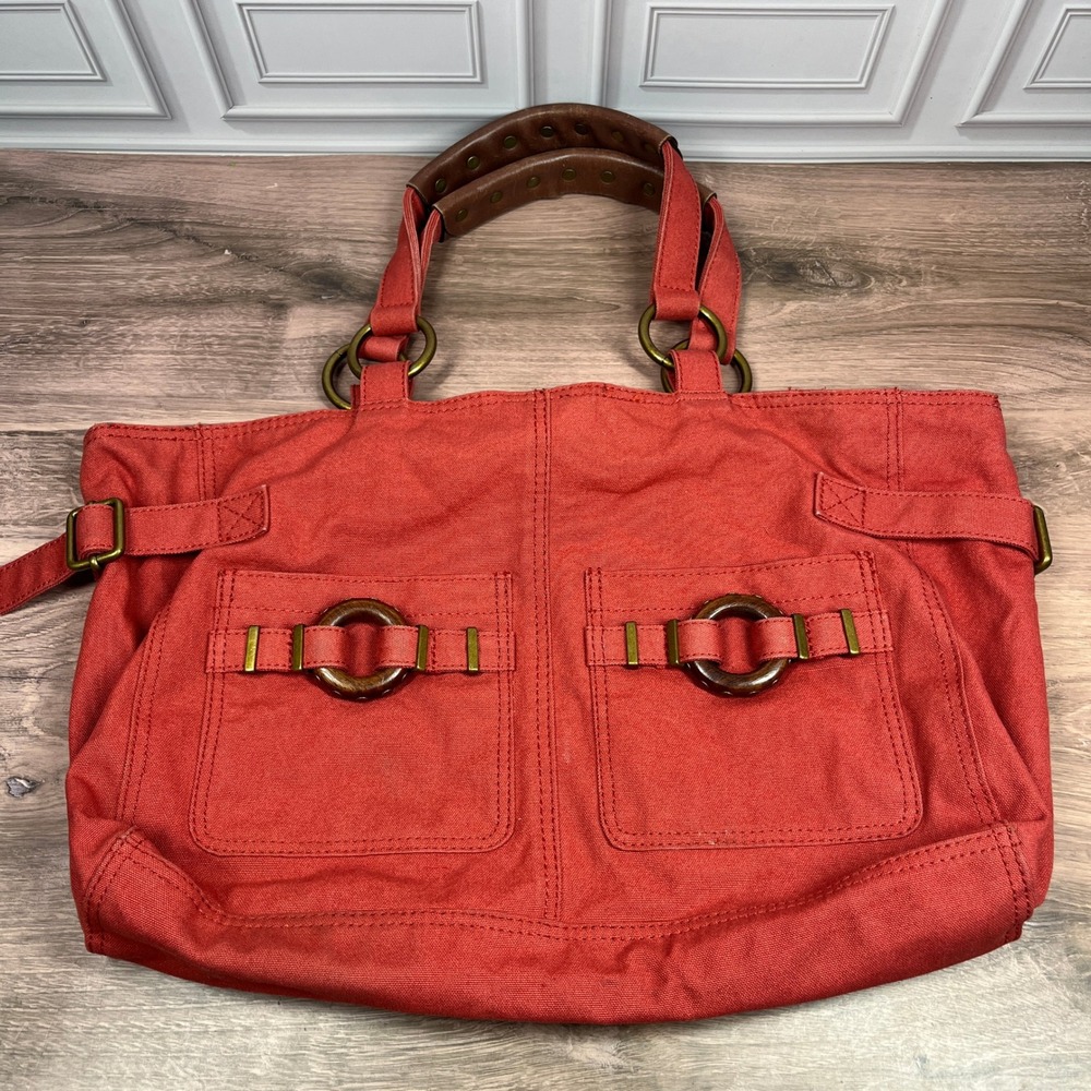 Gap Y2K Utility Tote Bag Rust Red Canvas Wood Ring Studded Leather Handle Boho
